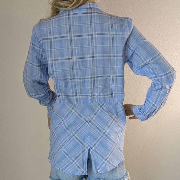 J Jill Top Women's Small Blue Check Plaid Button-Up Cotton Long Sleeve Shirt - Picture 3 of 16